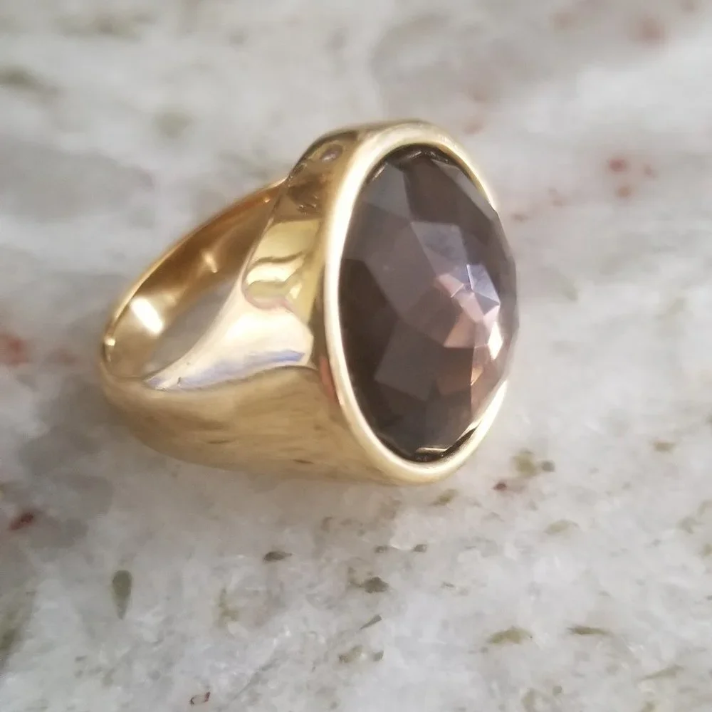 LE HEAVY HIGH END MONICA RICH KOSANN DIAMOND FACETED SMOKY QUARTZ 18K GOLD RING